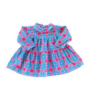 Osh Kosh B'Gosh Kids Girls Toddler Blue Flower Plaid Collar Dress Vtg USA 24 mos